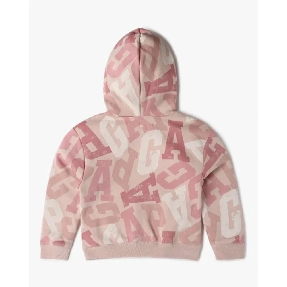 (A2) Gap Kids Girls Pink All Over Logo Print Pullover Hoodie Sweatshirt M 8-9